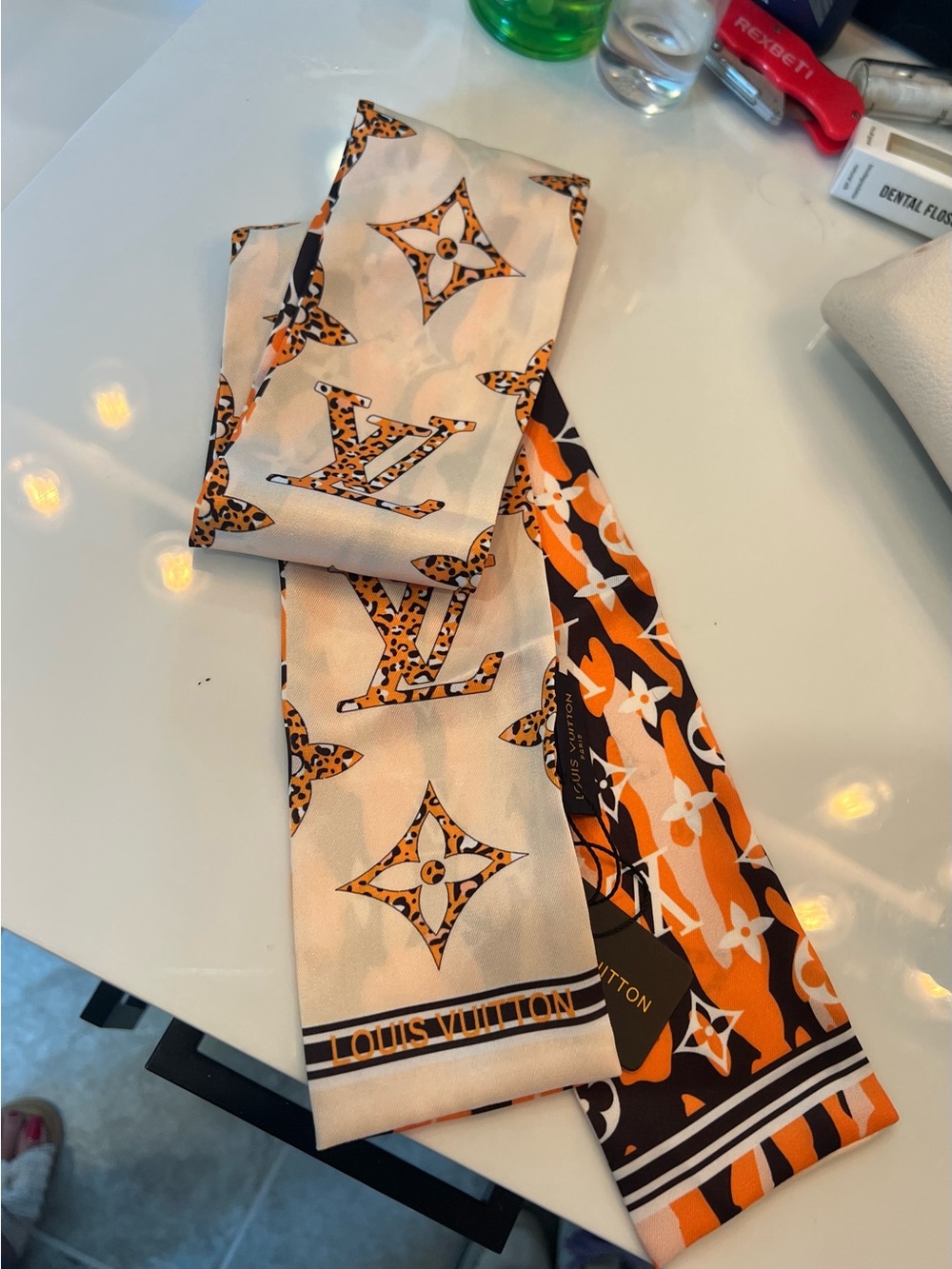 Louis Vuitton Monogram Orange & Cream Silk Twilly Scarf - Picture 4 of 7